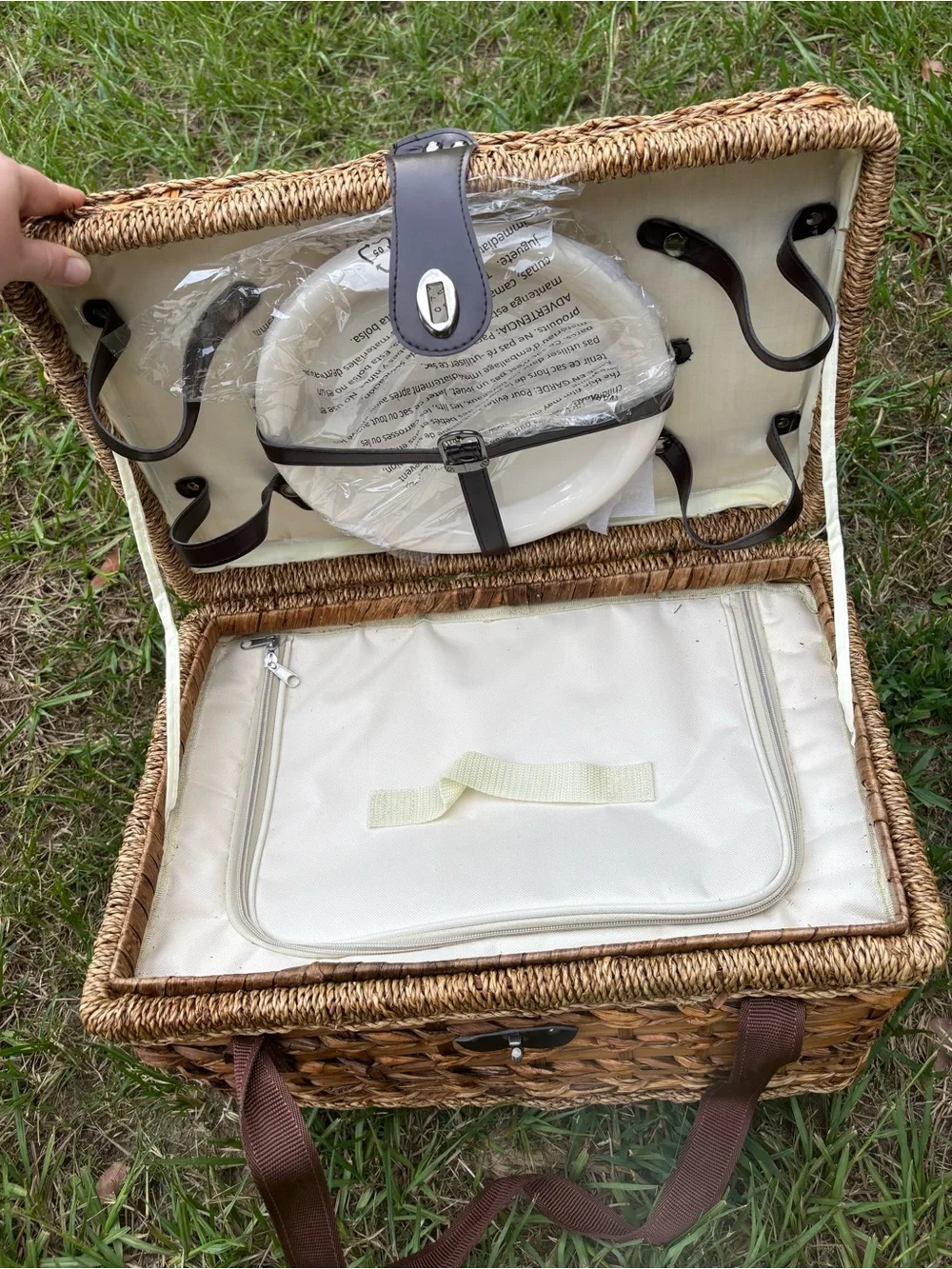 Woven Picnic Basket with Brown Straps and Leather Accents